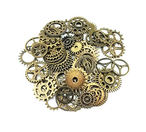 Book Cover Yueton 100 Gram (Approx 70pcs) Assorted Antique Steampunk Gears Charms Pendant Clock Watch Wheel Gear for Crafting, Jewelry Making Accessory (Bronze)