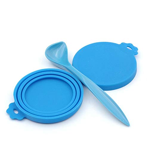 Super Design 3PCS Can Covers Scoop Packaging,BPA Free Silicone Can Cover for Multiple Sizes with Melamine Food Scoop,for Dog and Cat, Small Scoop, Blue