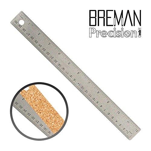 Breman Precision Stainless Steel Metal Rulers | Straight Edge Rulers with Inch and Metric Graduations for School Office Engineering Woodworking | Flexible with Non-Slip Cork Base (12" Single)