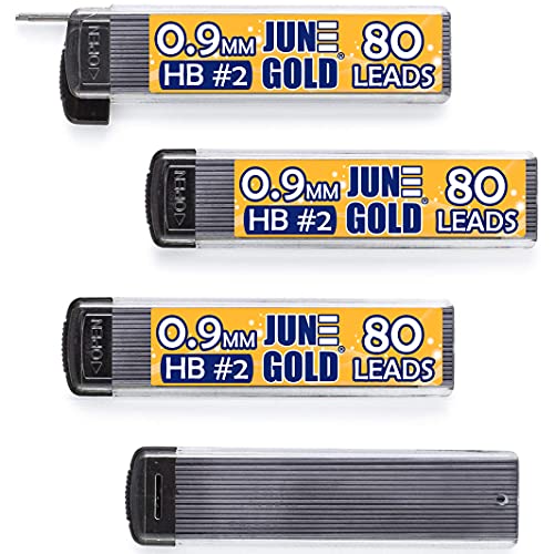 June Gold 320 Pieces, 0.9 mm HB #2 Lead Refills, 80 Pieces Per Tube, Bold Thickness, Break Resistant Lead/Graphite (Pack of 4 Dispensers)
