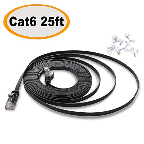 Cat 6 Ethernet Cable 25 ft Flat, Durable Internet Network Lan patch cord, Sturdy Cat6 High Speed Computer Rj45 wire for Router, modem, PS Xbox, Gaming, switch, TV, Video- faster than Cat5e/Cat5, Black