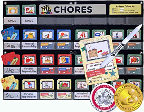 Book Cover NEATLINGS Chore System - Chore Chart for Kids | 80+ Chores for Toddlers to Teens | Customize for 1-3 Kids | Size 25â€x18â€ | Teal Household Chore Cards/Dark Blue, Red, Yellow Self-Care Chore Cards