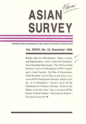 Asian Survey, A Review of Asian Affairs, with an article on redress for Korean comfort women plus four articles on India, including Women in the Politics of Shiv Sena, December 1996