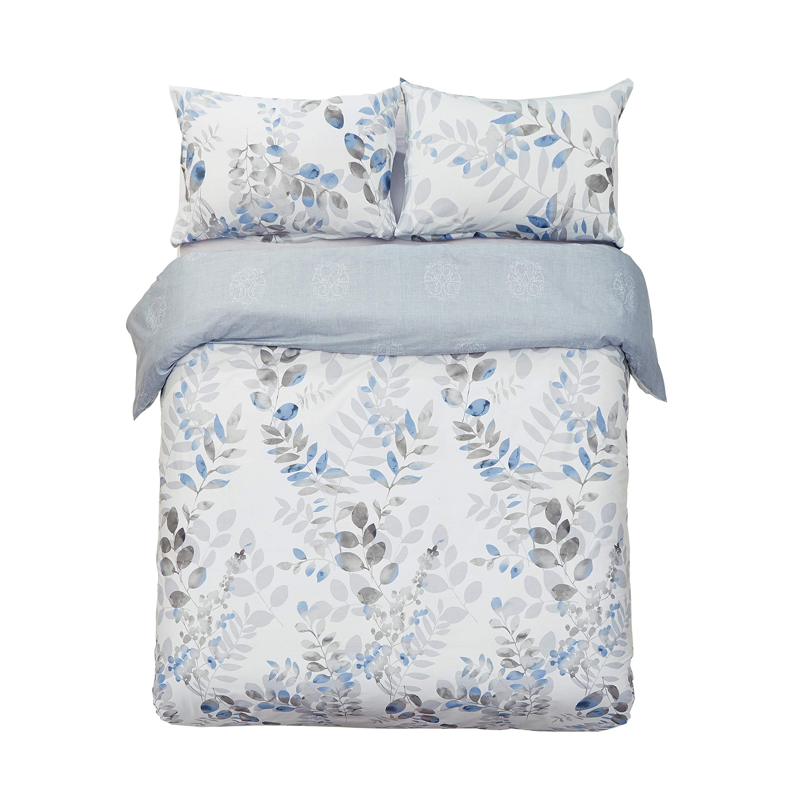 Book Cover Word of Dream Cotton Duvet Cover Sets Twin Size, Blue Grey Leaves Pattern Printed Soft Comforter Bedding Duvet Cover with Zipper Closure Corner Ties, 2 Piece (1 Duvet Cover + 1 Pillow Sham)