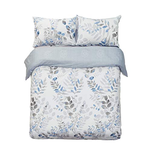 Book Cover Word of Dream Cotton Duvet Cover Sets Full Queen Size, Blue Grey Leaves Pattern Printed Soft Comforter Bedding Duvet Cover with Zipper Closure Corner Ties, 3 Piece (1 Duvet Cover + 2 Pillow Shams)
