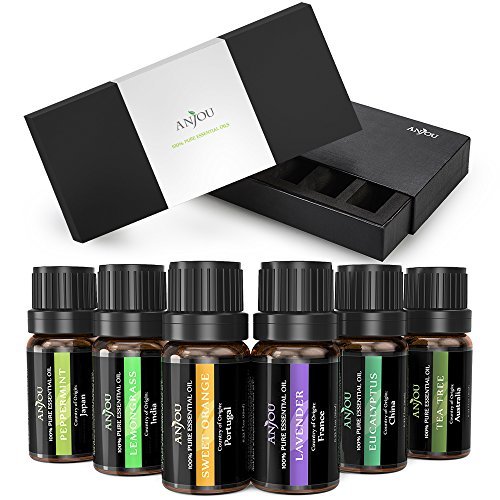 Essential Oils Set Anjou 100 Pure Top 6 Aromatherapy Oils Basic Sampler Gift Kit, 6/10 ml (Lavender, Tea Tree, Eucalyptus, Lemongrass, Orange, Peppermint), Therapeutic Grade