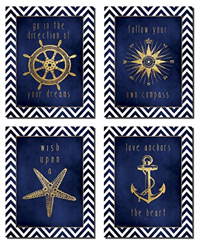 Book Cover Gango Home Decor Beautiful Gold and Blue Chevron Inspirational Nautical Prints; Four 8x10in Poster Prints