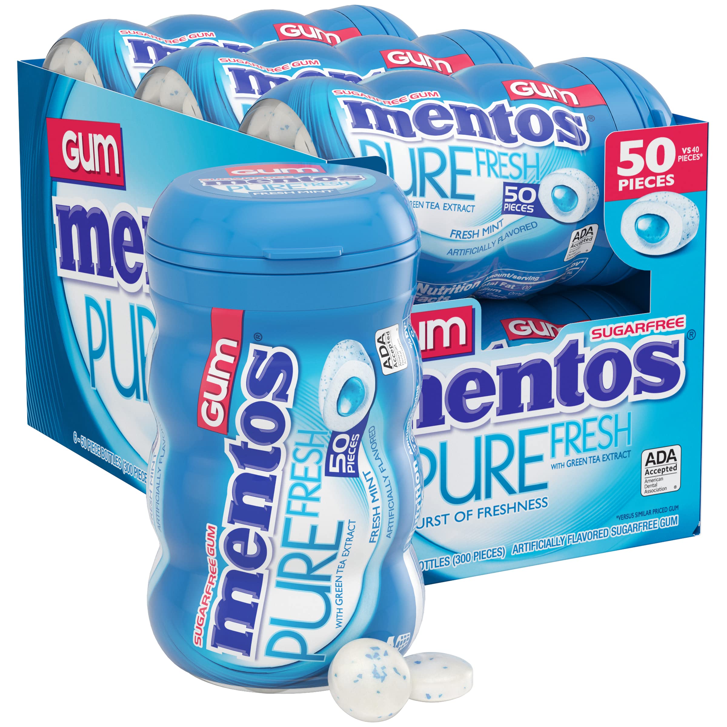 Book Cover Mentos Pure Fresh Sugar-Free Chewing Gum with Xylitol, Fresh Mint, 50 Count (Pack of 6)