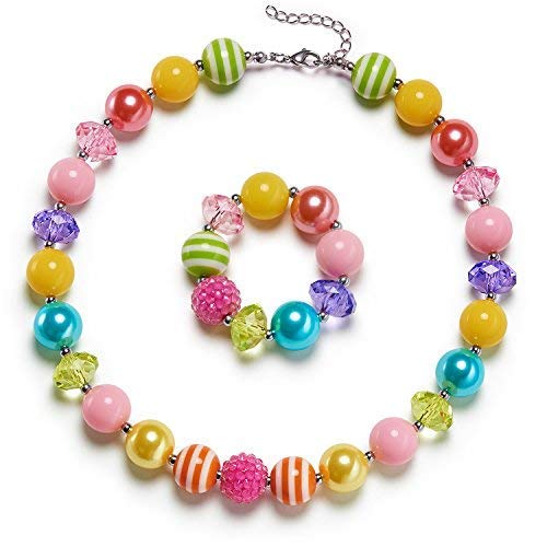 Book Cover VCMART Rainbow Girls Chunky Bubblegum Necklace and Bracelet Set Girls' Birthday Day Gift