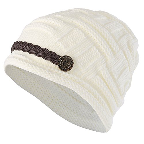 ELACUCOS Women Winter Beanie Cabled Checker Pattern Knit Hat Button Strap Cap