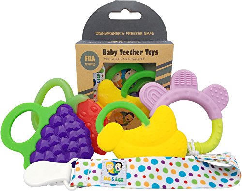 Book Cover Ike & Leo Teething Toys| Baby Infant and Toddler with Pacifier Clip/Teether Holder | Best for Sore Gums Pain Relief | Eco Friendly BPA Free & Freezer Safe |Set of 4 Silicone Teethers (Assorted Fruits)