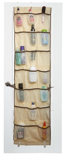 Book Cover Over the Door Organizer - 42 Pockets - The beige fabric with brown trim is an attractive over door storage addition to any room. Three over the door hooks are included so thereâ€™s no assembly required