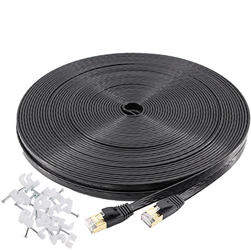 Jadaol Cat 7 Ethernet Cable 100 ft SSTP Shielded Flat, Durable High Speed Internet LAN Computer Patch Cord, Faster Than Cat5e/cat6, Solid Rj45 Cat7 Network Wire for Router, Modem, Xbox, PS, TV- Black