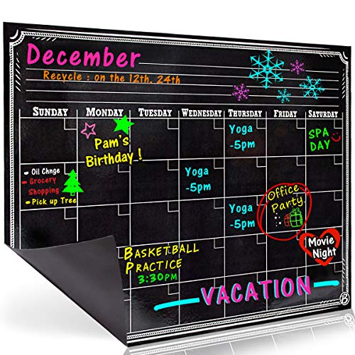 Bigtime Dry Erase Magnetic Weekly Calendar Planner , Black Flexible Chalkboard Style Magnet Board for Refrigerator