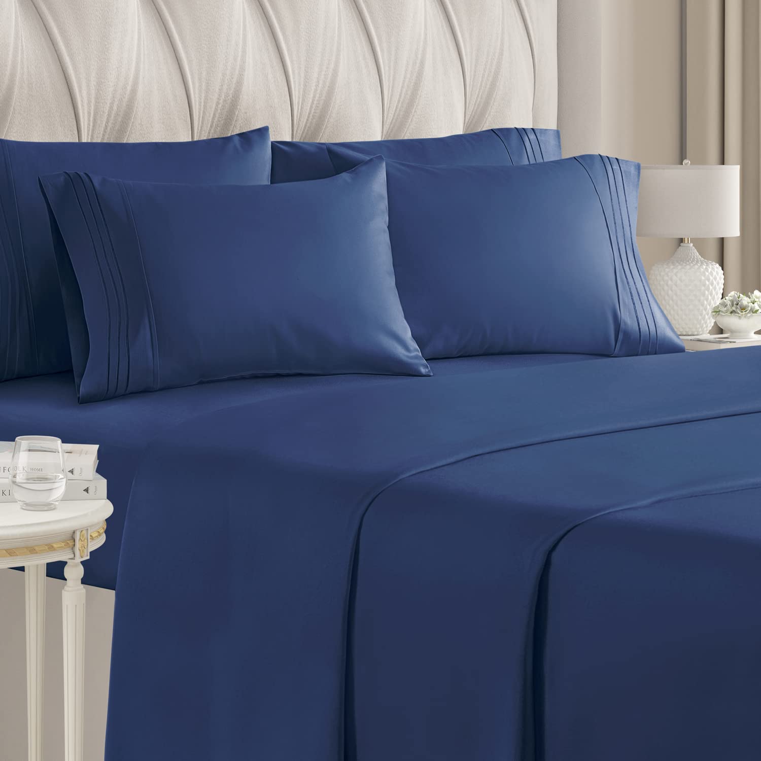 Book Cover Queen Size Sheet Set - 6 Piece Set - Hotel Luxury Bed Sheets - Extra Soft - Deep Pockets - Easy Fit - Breathable & Cooling Sheets - Wrinkle Free -Comfy - Navy Blue Bed Sheets - 6 Pc Queen, Royal Blue 11 - Navy Blue Queen