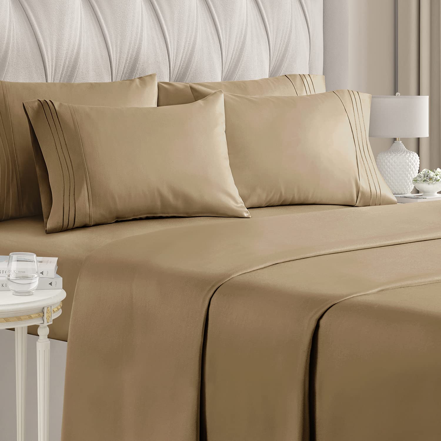 Book Cover Queen Size Sheet Set - 6 Piece Set - Hotel Luxury Bed Sheets - Extra Soft - Deep Pockets - Easy Fit - Breathable & Cooling Sheets - Wrinkle Free - Comfy - Tan - Beige Bed Sheets - Queens Sheets - 6 PC