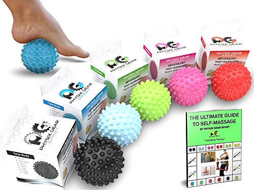 Physix Gear Sport Massage Balls - Best Spiky Ball Roller for Plantar Fasciitis Trigger Points Neck & Back Pain Relief - Deep Tissue Rehab Reflexology Acupressure - Reach Areas Foam Rollers Can't (BLU)