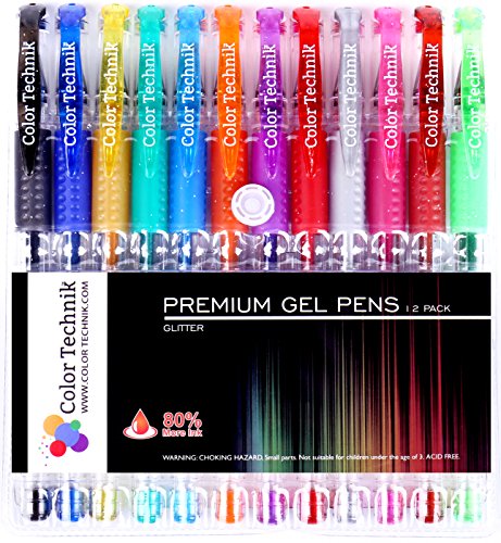 Book Cover Glitter Gel Pens by Color Technik, Set of 12 Professional Artist Quality Pens, Best Gel Pen Colors with Comfort Grip, Enhance Your Adult Coloring Book Experience Now! Acid Free, Perfect Gift Idea!