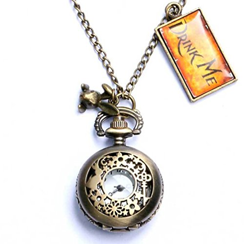 Onwon Vintage Drink Me Pocket Watch Necklace Quartz Watch Alice in Wonderland Rabbit, 1 Count (Pack of 1), Art