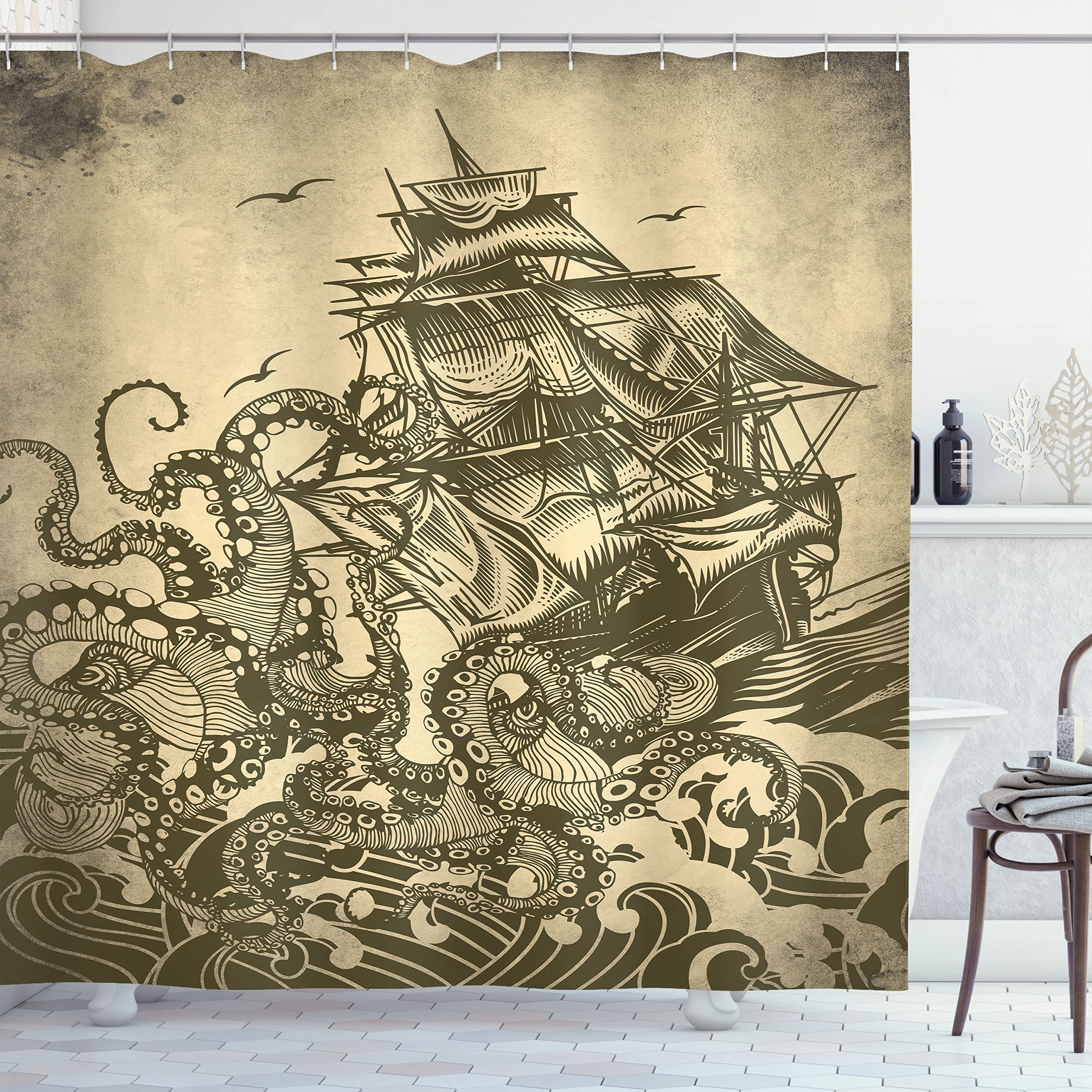 Ambesonne Nautical Shower Curtain, Kraken Octopus Tentacles with Ship Sail Old Boat in Ocean Waves, Cloth Fabric Bathroom Decor Set with Hooks, 69" W x 70" L, Yellow Olive 69" W x 70" L Yellow Olive