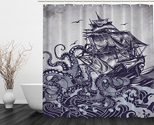 Book Cover Ambesonne Kraken Shower Curtain Sail Boat Waves and Octopus Old Look Home Textile European Style Bathroom Decoration Decor Peculiar Design Hand Drawing Effect Fabric Shower Curtains (Blue)