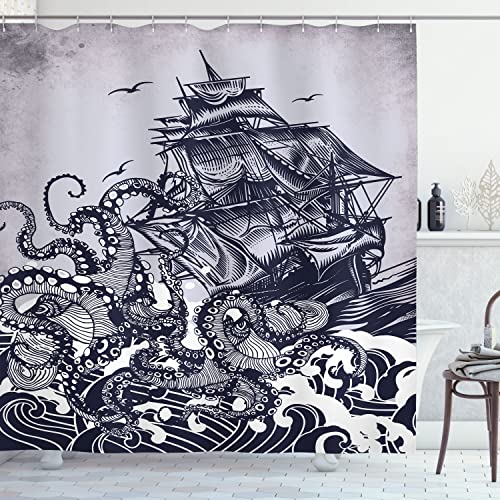 Ambesonne Nautical Shower Curtain, Coastal Nature Theme Kraken Octopus Tentacles with Ship Sail Old Boat Art Drawing in Ocean Waves, Cloth Fabric Decor for Bathroom Set with Hooks, 69" W x 70" L, Blue
