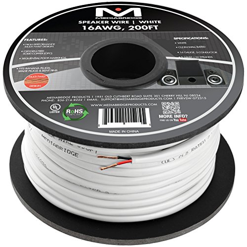 Mediabridge 16AWG 2-Conductor Speaker Wire (200 Feet, White) - 99.9% Oxygen Free Copper - UL Listed CL2 Rated for in-Wall Use (Part# SW-16X2-200-WH)
