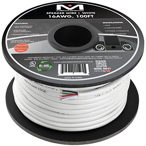 Mediabridge 16AWG 4-Conductor Speaker Wire (100 Feet, White) - 99.9% Oxygen Free Copper - CL2 for In-Wall (SW-16X4-100-WH)