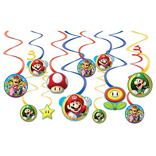 Book Cover Amscan Super Mario Brothers Hanging Swirl Decorations - Assorted Designs, 12 Pcs