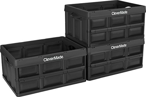 Book Cover CleverMade 32L Collapsible Storage Bins - Durable Folding Plastic Stackable Utility Crates, Solid Wall CleverCrates, 3 Pack, Black