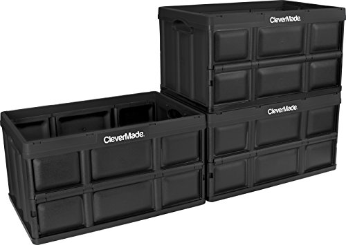 CleverMade 62L Collapsible Storage Bins - Durable Folding Plastic Stackable Utility Crates, Solid Wall CleverCrates, 3 Pack, Black