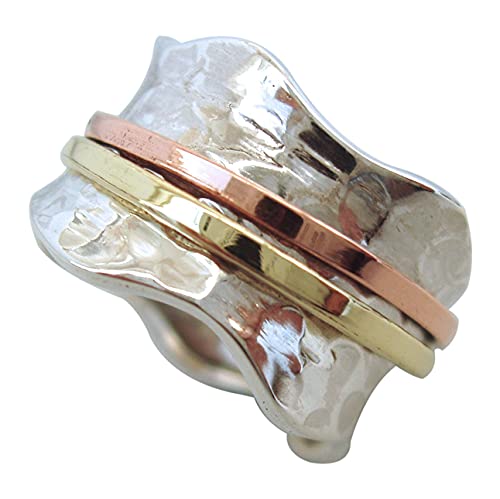 ENERGY STONE 925 Sterling Silver BREEZE Classic Hammered Pattern Brass and Copper Spinners Meditation Spinner Ring (Style 797)