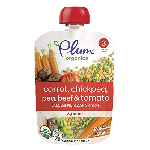 Plum Organics Stage 3, Organic Baby Food, Carrot, Chickpea, Pea, Beef and Tomato, 4 ounce pouches (Pack of 12) (Packaging May Vary)