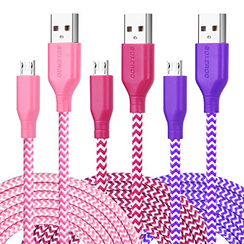 Micro Cords, Boxeroo 3-Pack Premium Nylon Braided Cable High Speed 10ft Micro USB Cable Nylon Cord Compatible with Android, Samsung, HTC, Sony, HP and More Smartphones, Tablets-Purple, Rose, Pink