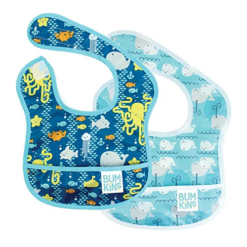 Book Cover Bumkins Starter Bib, Baby Bib Infant, Waterproof, Washable, Stain and Odor Resistant, 3-9 Months, 2-Pack - Sea Friends & Whales