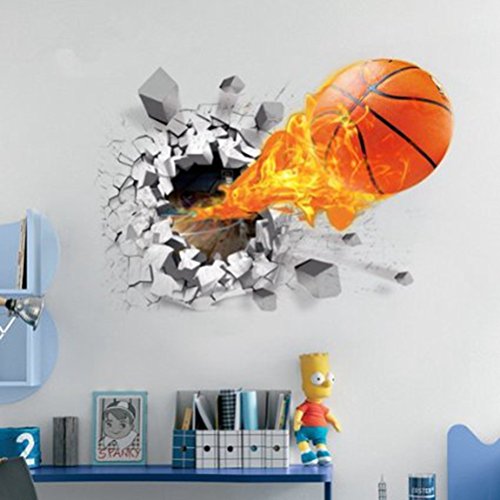 Book Cover U-Shark 3D Self-Adhesive Removable Break Through The Wall Vinyl Wall Stickers / Murals Art Decals Decorator (Flying Fire Basketball (19.7