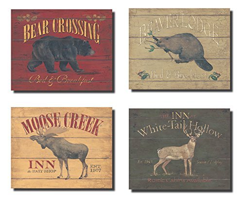 Book Cover Rustic Deer Bear Beaver and Moose Sign; Cabin Lodge Decor; Four 10x8in Mounted Prints; Ready to hang!