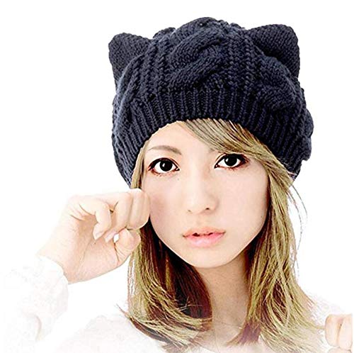 Book Cover Amberetech Woollike Knitted Cat Kitty Ears Headgear Crochet Hats (Black)
