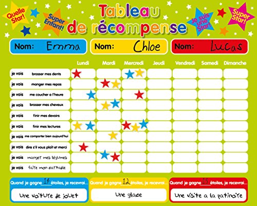 Récompense magnétique / Star / Tableau des responsabilités / de comportement pour jusqu'à 3 enfants. Planche rigide de 16 "x 13" (40 x 32cm) avec boucle de suspension