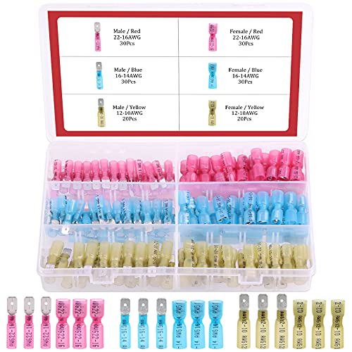 Hilitchi 160Pcs Waterproof Heat Shrink Female Male Spade Connectors Fully Insulated Terminals Electrical Wire Crimp Connectors Kit