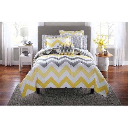 Book Cover Popular 6-Piece Mainstays Yellow Grey Chevron Bed in a Bag Bedding Comforter Set, Twin/Twin XL