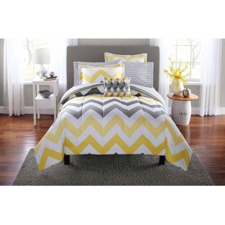 Popular 6-Piece Mainstays Yellow Grey Chevron Bed in a Bag Bedding Comforter Set, Twin/Twin XL
