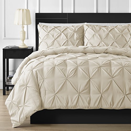 Book Cover Comfy Bedding Double-Needle Durable Stitching 3-Piece Pinch Pleat Comforter Set All Season Pintuck Style (Full, Beige)