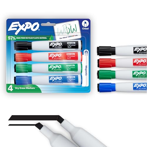 EXPO 1944728 Magnetic Dry Erase Markers with Eraser, Chisel Tip, Assorted, 4-Count