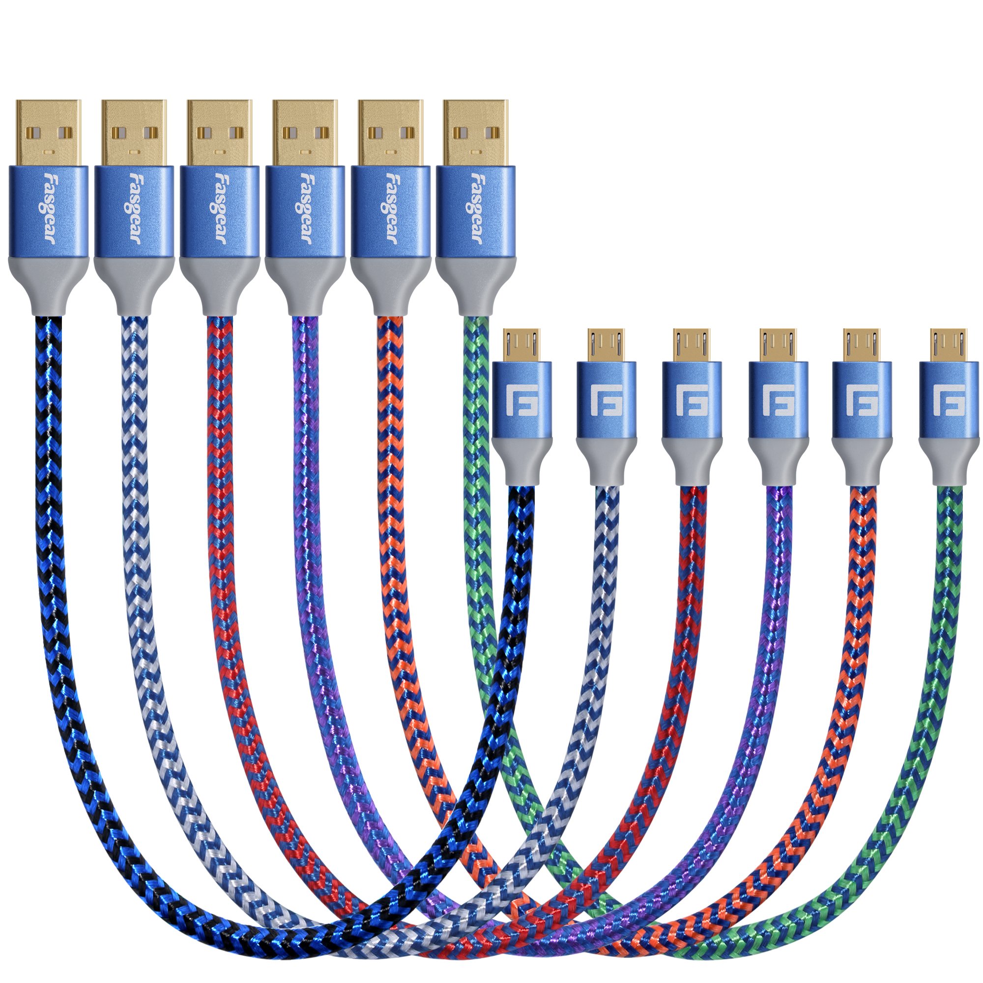 Micro USB Cable 1ft, 6 Pack Fasgear Nylon Braided 12 inch Short Fast Charging USB Cord Android Charger Wire Compatible with Galaxy S7 S6 J7 Note 5,LG,Moto,Sony,Nokia,Kindle,TV Stick,Powerbank 6-Color