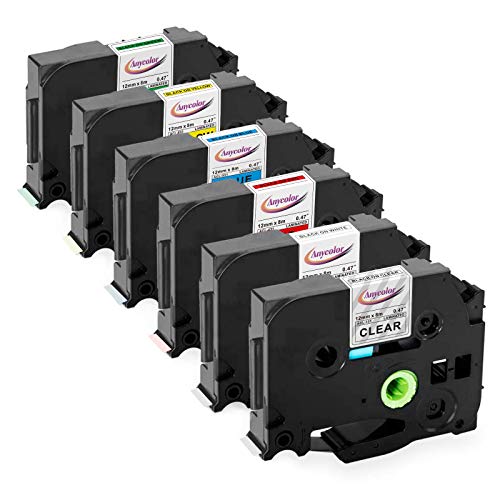 Anycolor Compatible Label Tape Replacement for Brother P-Touch TZe Label Tape 12mm 0.47 Inch Black on White/Clear/Red/Blue/Yellow/Green for P-Touch PT-D210 H110 D600 Label Maker, Laminated, 6-Pack