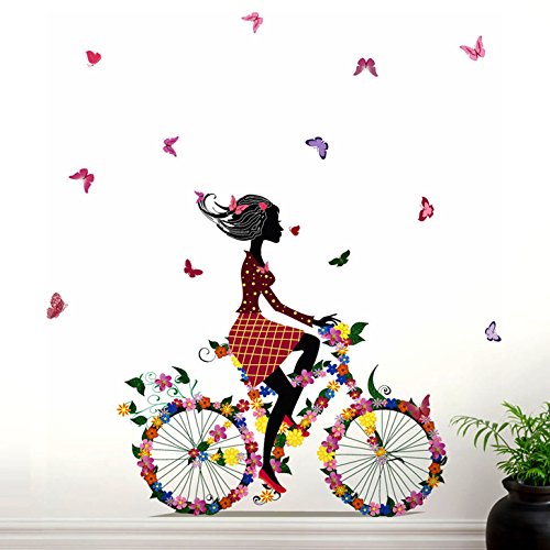 Decals Design Stickerskart Wall Stickers Bicycle with Flowers & Girl (Wall Covering Area: 120cm x 120cm,Product Dimensions: 60x90cm)