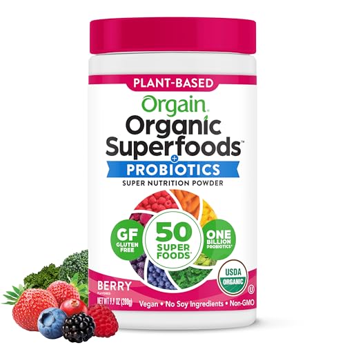 Orgain Organic Green Superfoods Powder, Berry - Antioxidants, 1 Billion Probiotics, Vegan, Dairy Free, Gluten Free, Kosher, Non-GMO, 0.62 Pound (Packaging May Vary)