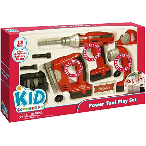 Power Tool Play Set of 12 Pieces: Electric Drill, Jig Saw, Flashlight, Drill Bit Case, Flathead Bit, Phillips Bit, 2 Screws, 2 Nuts, Tape Measure, Measurement Card by Kid Connection