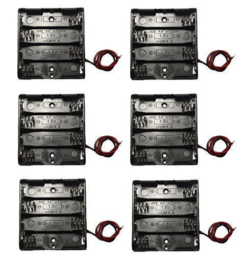 WAYLLSHINE 6 Pcs 4 x 1.5V (6V) AA Battery Spring Clip Black Plastic 4 x 1.5V (6V) Battery Case Holder Box Black Red Wire Leads